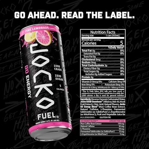 Jocko Fuel GO Energy Drinks, Lemon Lime, 12 oz | 12 Pack | 95mg Clean, No Crash Natural Caffeine | No Sugar, Jitter Free | L-Theanine & Adaptogens Lift Mood, Focus & Endurance