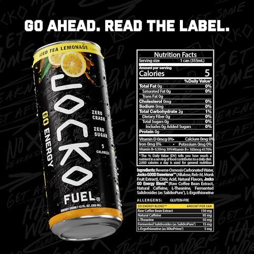 Jocko Fuel GO Energy Drinks, Lemon Lime, 12 oz | 12 Pack | 95mg Clean, No Crash Natural Caffeine | No Sugar, Jitter Free | L-Theanine & Adaptogens Lift Mood, Focus & Endurance