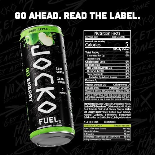 Jocko Fuel GO Energy Drinks, Lemon Lime, 12 oz | 12 Pack | 95mg Clean, No Crash Natural Caffeine | No Sugar, Jitter Free | L-Theanine & Adaptogens Lift Mood, Focus & Endurance
