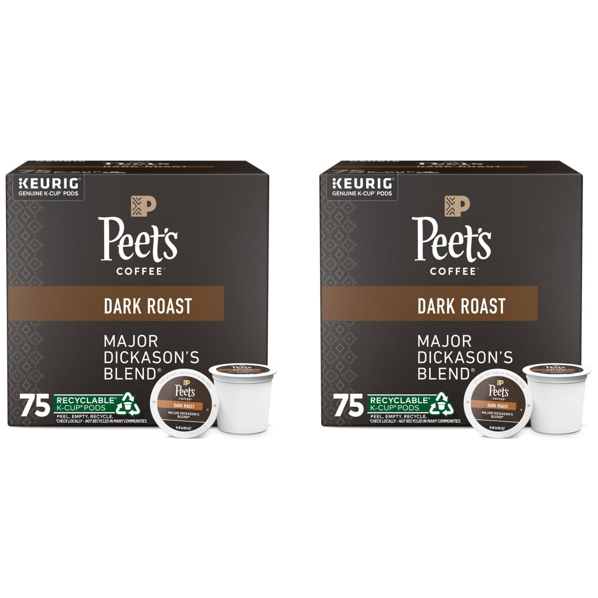 Peet's Coffee, Dark Roast Keurig K-Cup Pods, 100% Arabica Coffee - Major Dickason's Blend 75 Count (1 Box of 75 Pods) (Pack of 2)