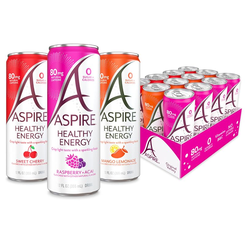 ASPIRE® Classics Variety Pack, Healthy Energy Drink 80mg Natural Caffeine, Zero Sugar No Carbs Keto Friendly, 12 Pack Green Tea Sugar Free Drink Low Caffeine Zero Calorie