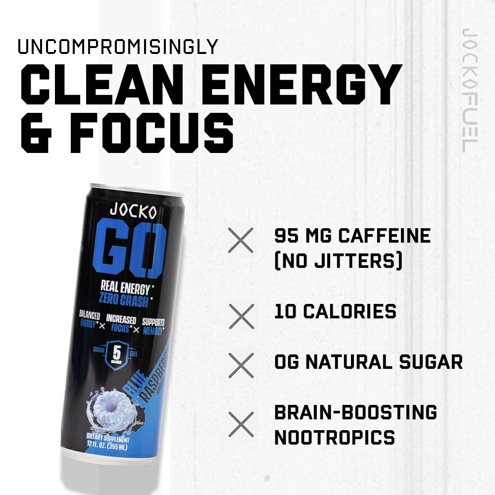 Jocko Fuel GO Energy Drinks, Lemon Lime, 12 oz | 12 Pack | 95mg Clean, No Crash Natural Caffeine | No Sugar, Jitter Free | L-Theanine & Adaptogens Lift Mood, Focus & Endurance