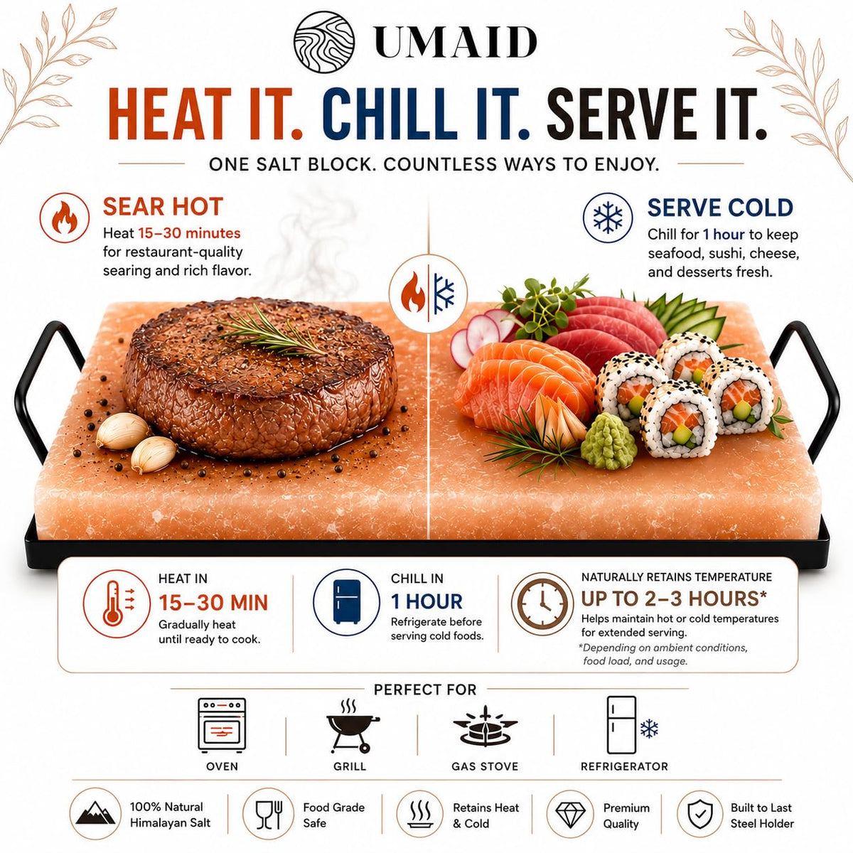 UMAID Himalayan Salt Block Cooking Plate 12x8x1.5 – Food Grade Pink Himalayan Salt Stone for Cooking, Grilling, Serving & Cutting – Includes Steel Tray & Grilling Recipe Booklet – Unique Gifts for Men & Women