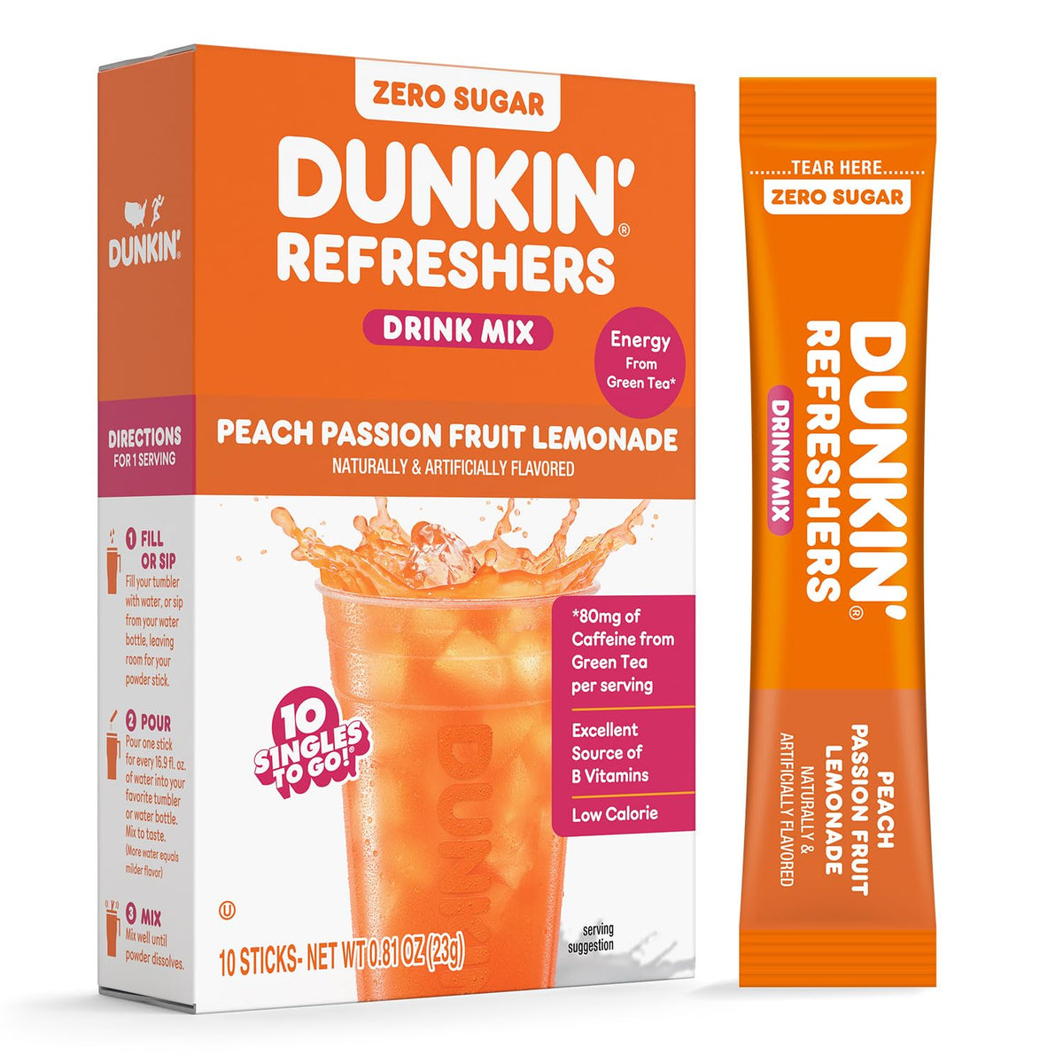 Singles To Go! Dunkin' Refreshers Green Tea Drink Mix Packets, 40 Count | Sugar Free, Loaded Tea Packets with Caffeine Energy from Green Tea, Aspartame-free, Just add water, Energy Drink Alternative