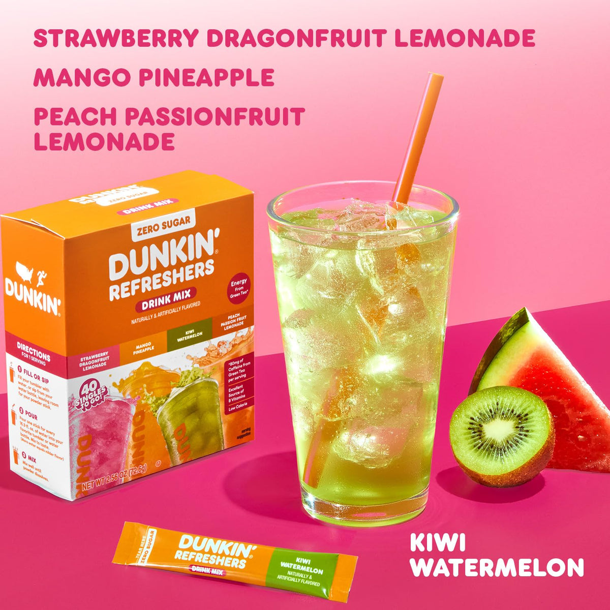 Singles To Go! Dunkin' Refreshers Green Tea Drink Mix Packets, 40 Count | Sugar Free, Loaded Tea Packets with Caffeine Energy from Green Tea, Aspartame-free, Just add water, Energy Drink Alternative