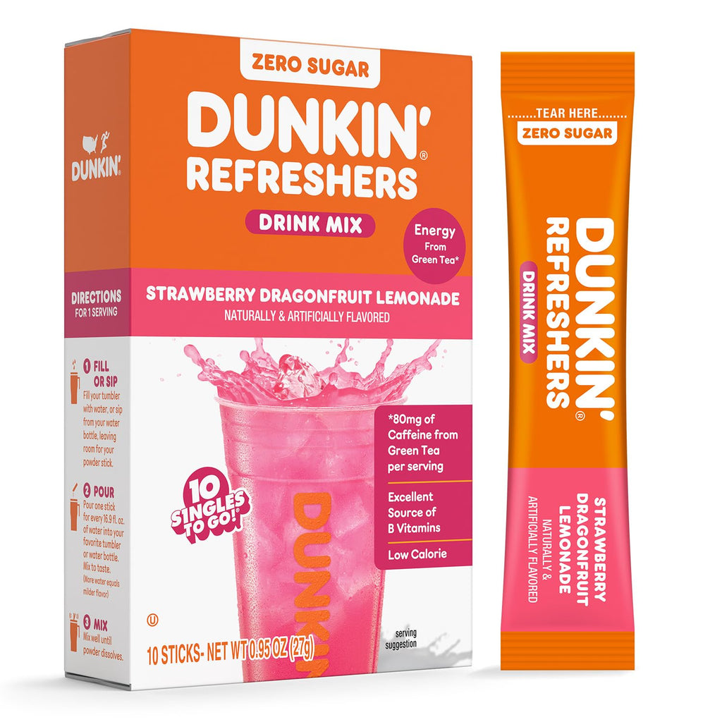 Singles To Go! Dunkin' Refreshers Green Tea Drink Mix Packets, 40 Count | Sugar Free, Loaded Tea Packets with Caffeine Energy from Green Tea, Aspartame-free, Just add water, Energy Drink Alternative