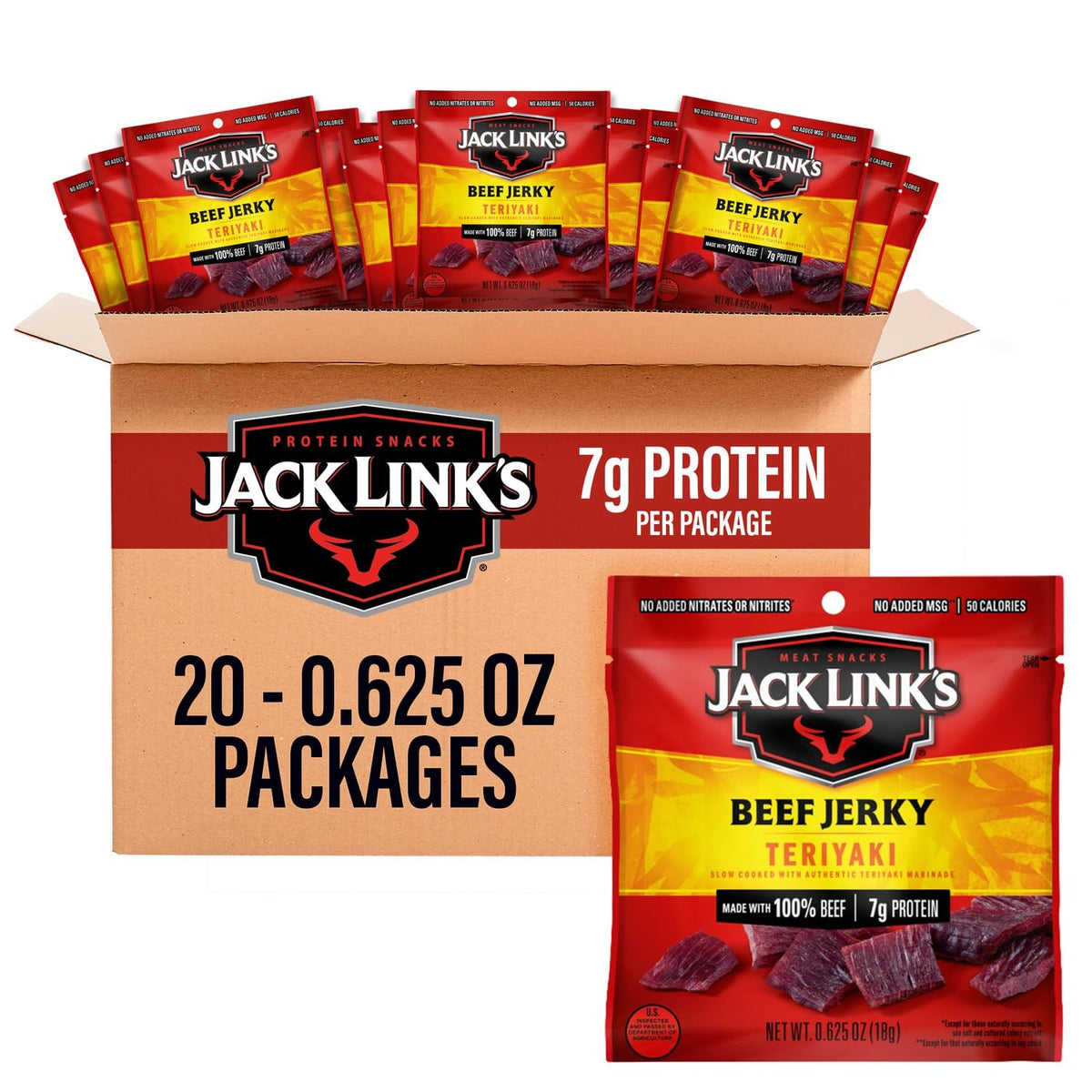 Jack Link's Beef Jerky,Teriyaki,Multipack Bags - Flavorful Meat Snacks for Lunches,Ready to Eat Protein Snacks,Individual Packs - 7g of Protein,Made with 100% Beef - 0.625 oz,(Pack of 40)