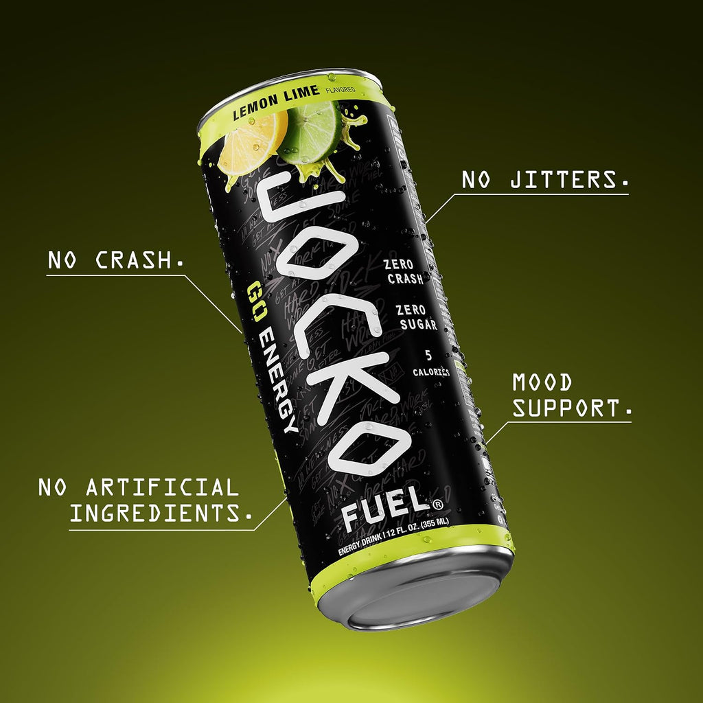 Jocko Fuel GO Energy Drinks, Lemon Lime, 12 oz | 12 Pack | 95mg Clean, No Crash Natural Caffeine | No Sugar, Jitter Free | L-Theanine & Adaptogens Lift Mood, Focus & Endurance