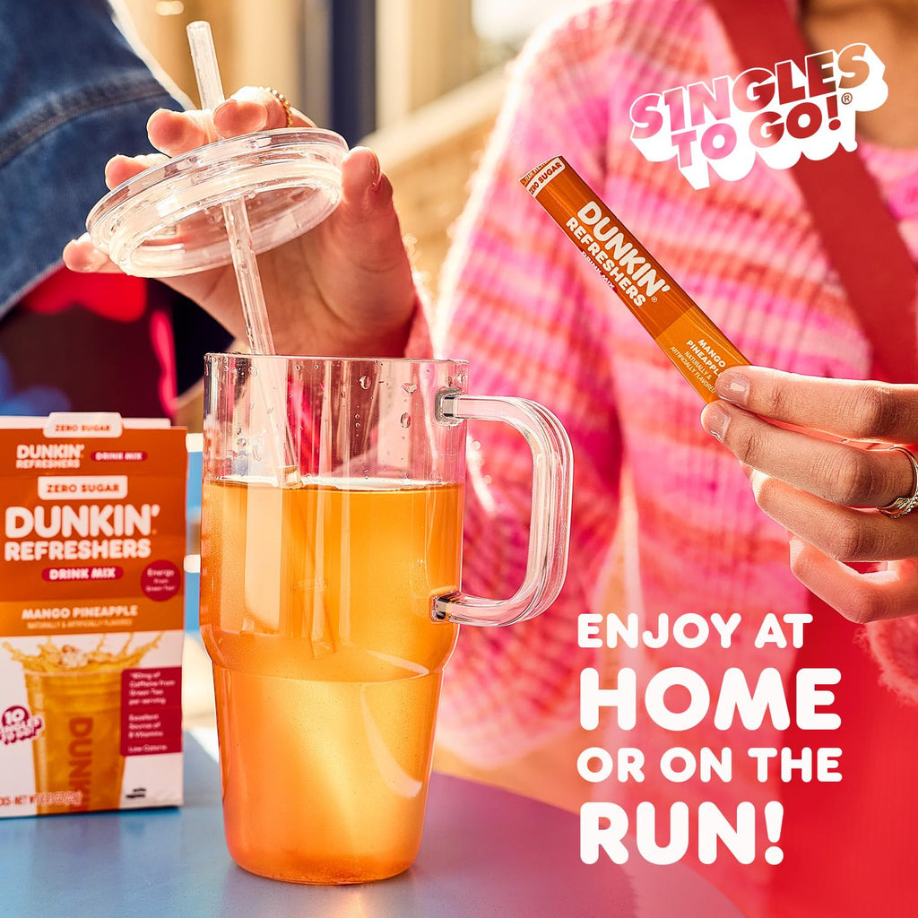 Singles To Go! Dunkin' Refreshers Green Tea Drink Mix Packets, 40 Count | Sugar Free, Loaded Tea Packets with Caffeine Energy from Green Tea, Aspartame-free, Just add water, Energy Drink Alternative