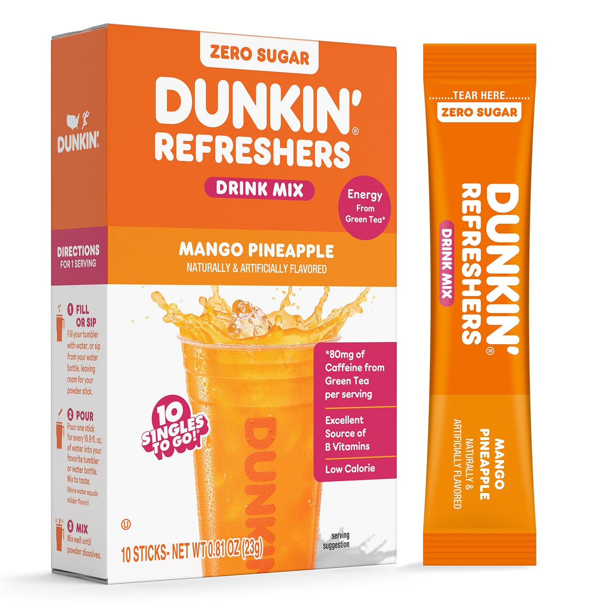 Singles To Go! Dunkin' Refreshers Green Tea Drink Mix Packets, 40 Count | Sugar Free, Loaded Tea Packets with Caffeine Energy from Green Tea, Aspartame-free, Just add water, Energy Drink Alternative