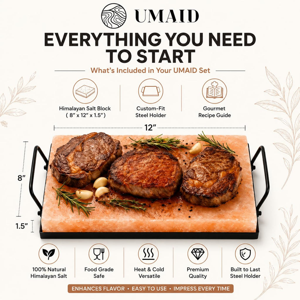 UMAID Himalayan Salt Block Cooking Plate 12x8x1.5 – Food Grade Pink Himalayan Salt Stone for Cooking, Grilling, Serving & Cutting – Includes Steel Tray & Grilling Recipe Booklet – Unique Gifts for Men & Women