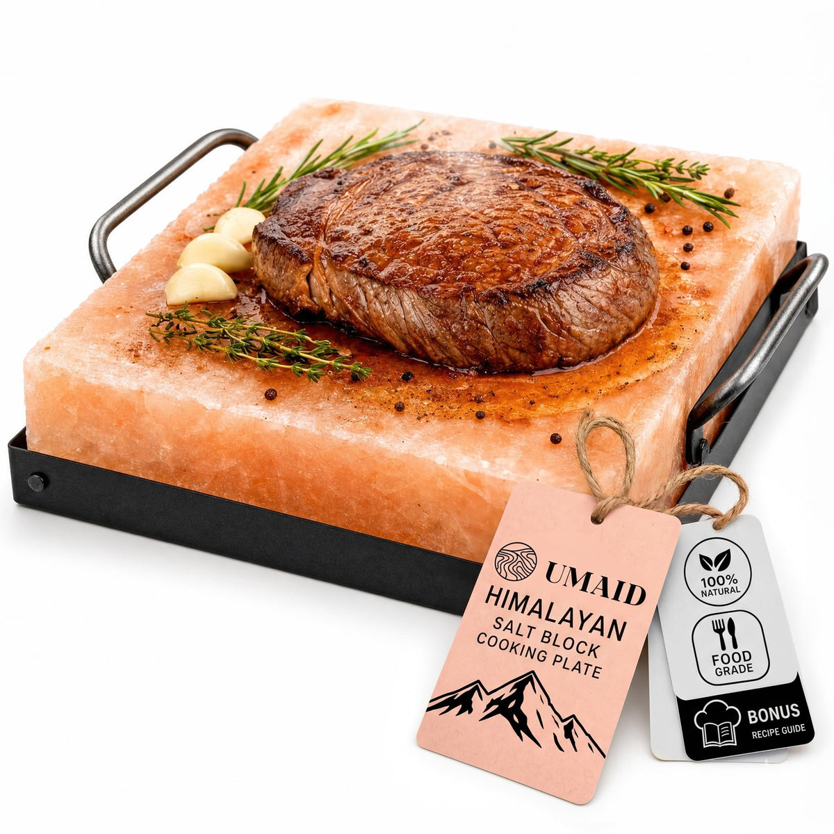 UMAID Himalayan Salt Block Cooking Plate 12x8x1.5 – Food Grade Pink Himalayan Salt Stone for Cooking, Grilling, Serving & Cutting – Includes Steel Tray & Grilling Recipe Booklet – Unique Gifts for Men & Women