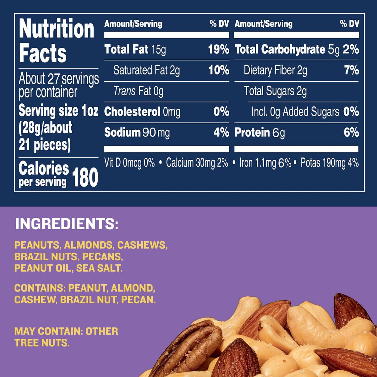 PLANTERS Mixed Nuts, Salted, 27 oz, Resealable Jar - Salted Nuts with Less than 50% Peanuts (*Nuts are Measured by Weight), Almonds, Cashews, Hazelnuts & Pecans - Kosher, (Pack of 2)