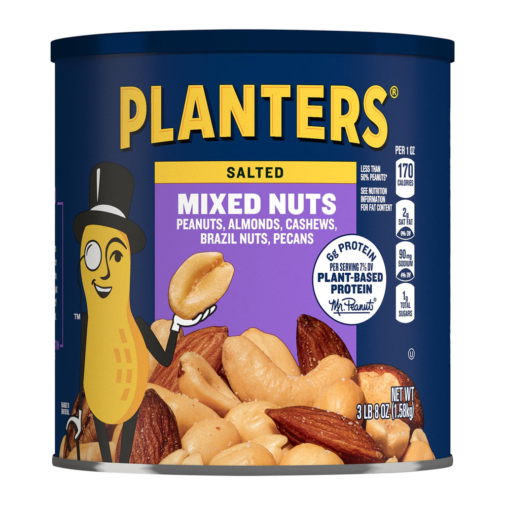 PLANTERS Mixed Nuts, Salted, 27 oz, Resealable Jar - Salted Nuts with Less than 50% Peanuts (*Nuts are Measured by Weight), Almonds, Cashews, Hazelnuts & Pecans - Kosher, (Pack of 2)