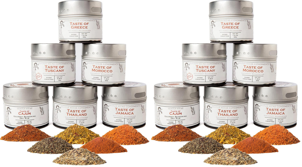 Gourmet World Flavors Seasoning Collection | Non GMO Verified | 6 Magnetic Tins | Spice Blends | Crafted in Small Batches by Gustus Vitae | #68