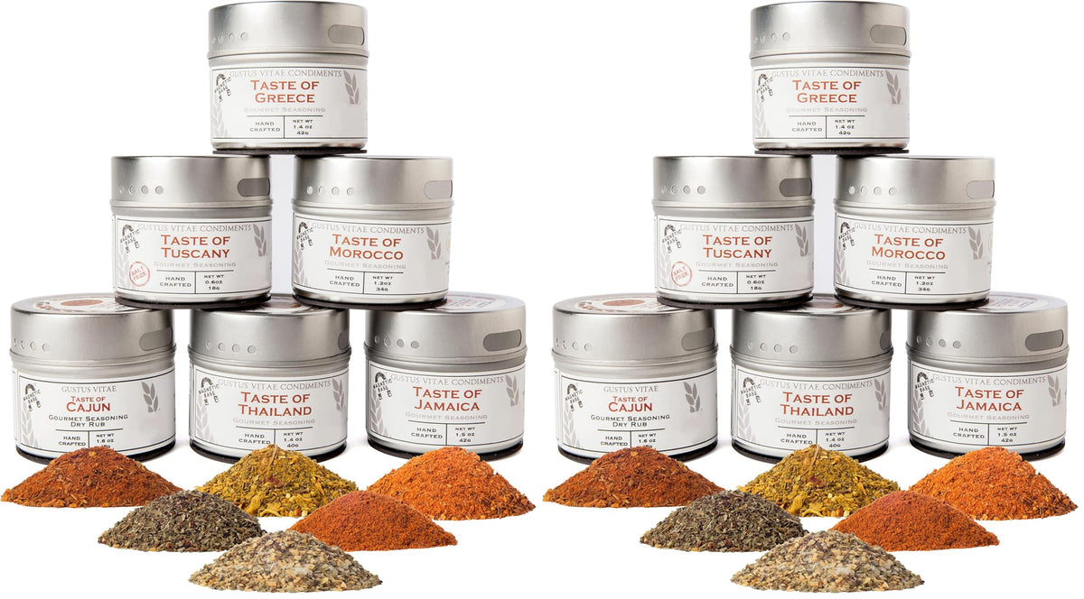 Gourmet World Flavors Seasoning Collection | Non GMO Verified | 6 Magnetic Tins | Spice Blends | Crafted in Small Batches by Gustus Vitae | #68