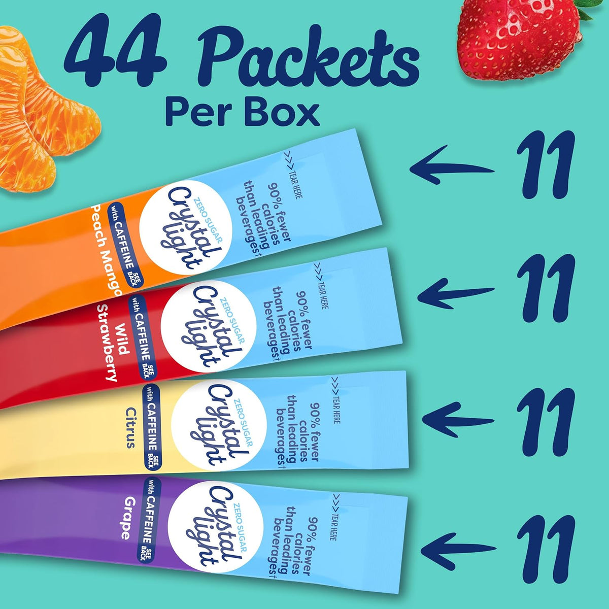 Crystal Light Caffeine Drink Mix Variety Pack, 44 Packets, 4.18 oz | for On-the-Go Hydration Zero Sugar 60mg Caffeine per serving