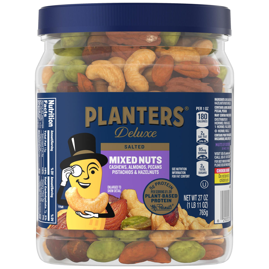 PLANTERS Mixed Nuts, Salted, 27 oz, Resealable Jar - Salted Nuts with Less than 50% Peanuts (*Nuts are Measured by Weight), Almonds, Cashews, Hazelnuts & Pecans - Kosher, (Pack of 2)