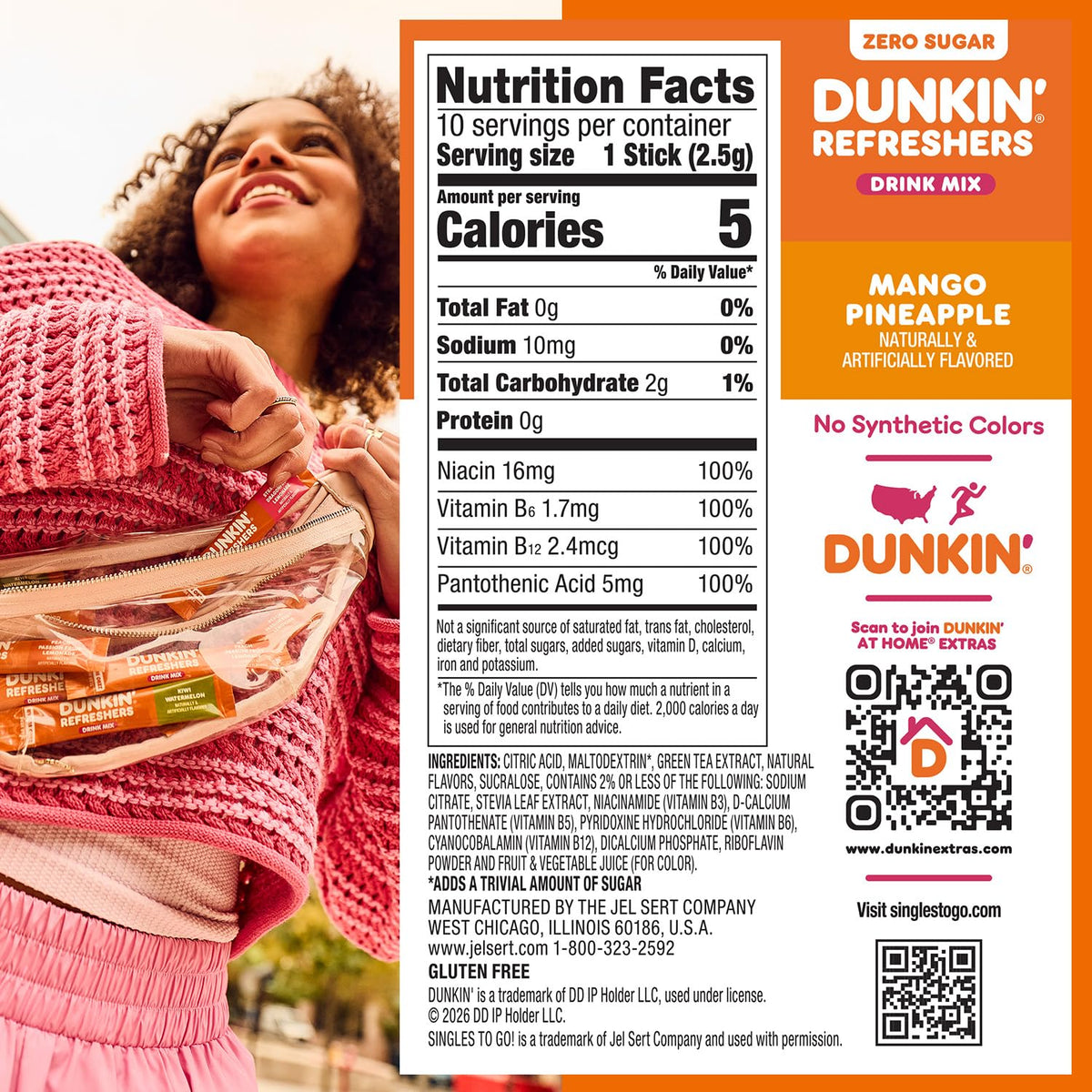 Singles To Go! Dunkin' Refreshers Green Tea Drink Mix Packets, 40 Count | Sugar Free, Loaded Tea Packets with Caffeine Energy from Green Tea, Aspartame-free, Just add water, Energy Drink Alternative