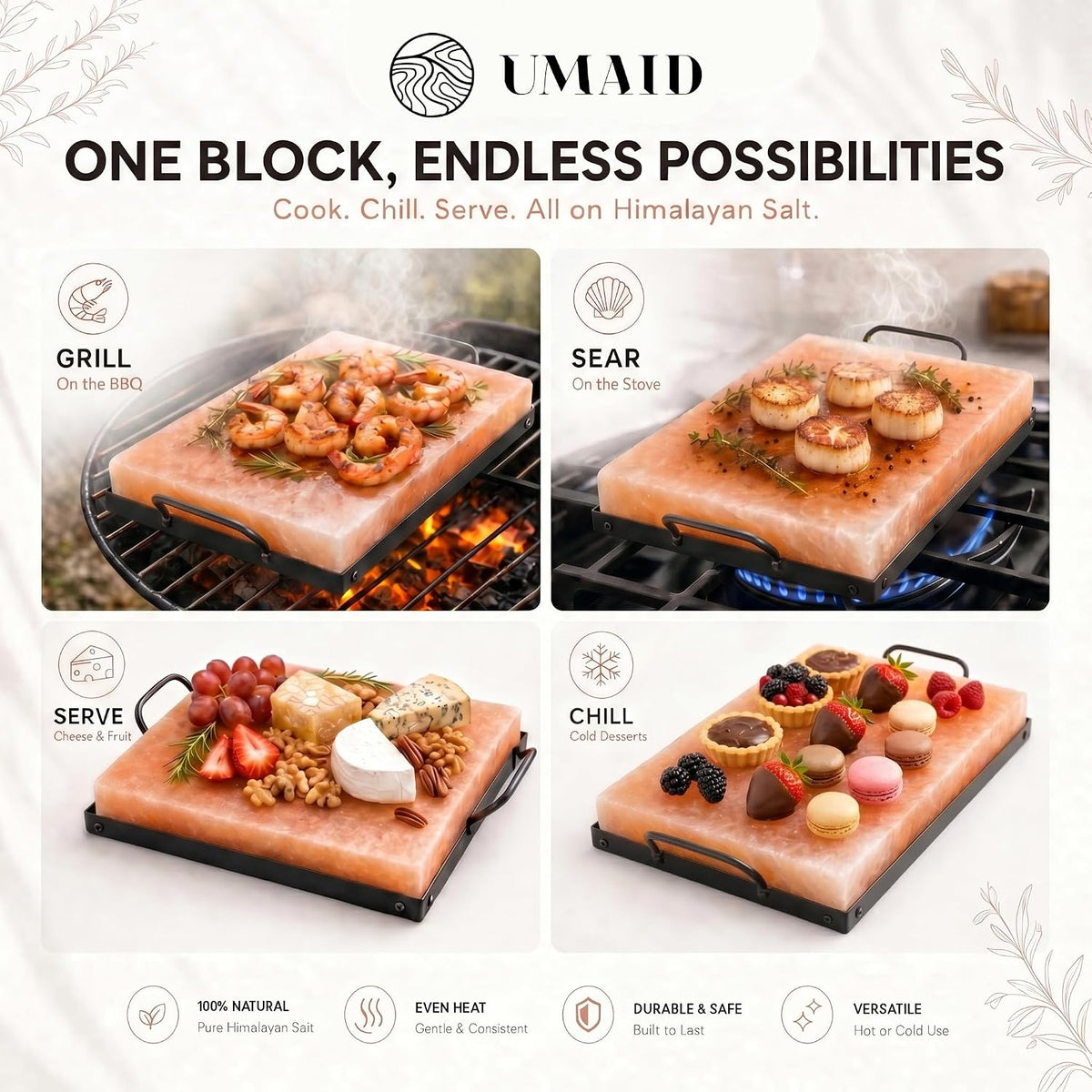 UMAID Himalayan Salt Block Cooking Plate 12x8x1.5 – Food Grade Pink Himalayan Salt Stone for Cooking, Grilling, Serving & Cutting – Includes Steel Tray & Grilling Recipe Booklet – Unique Gifts for Men & Women