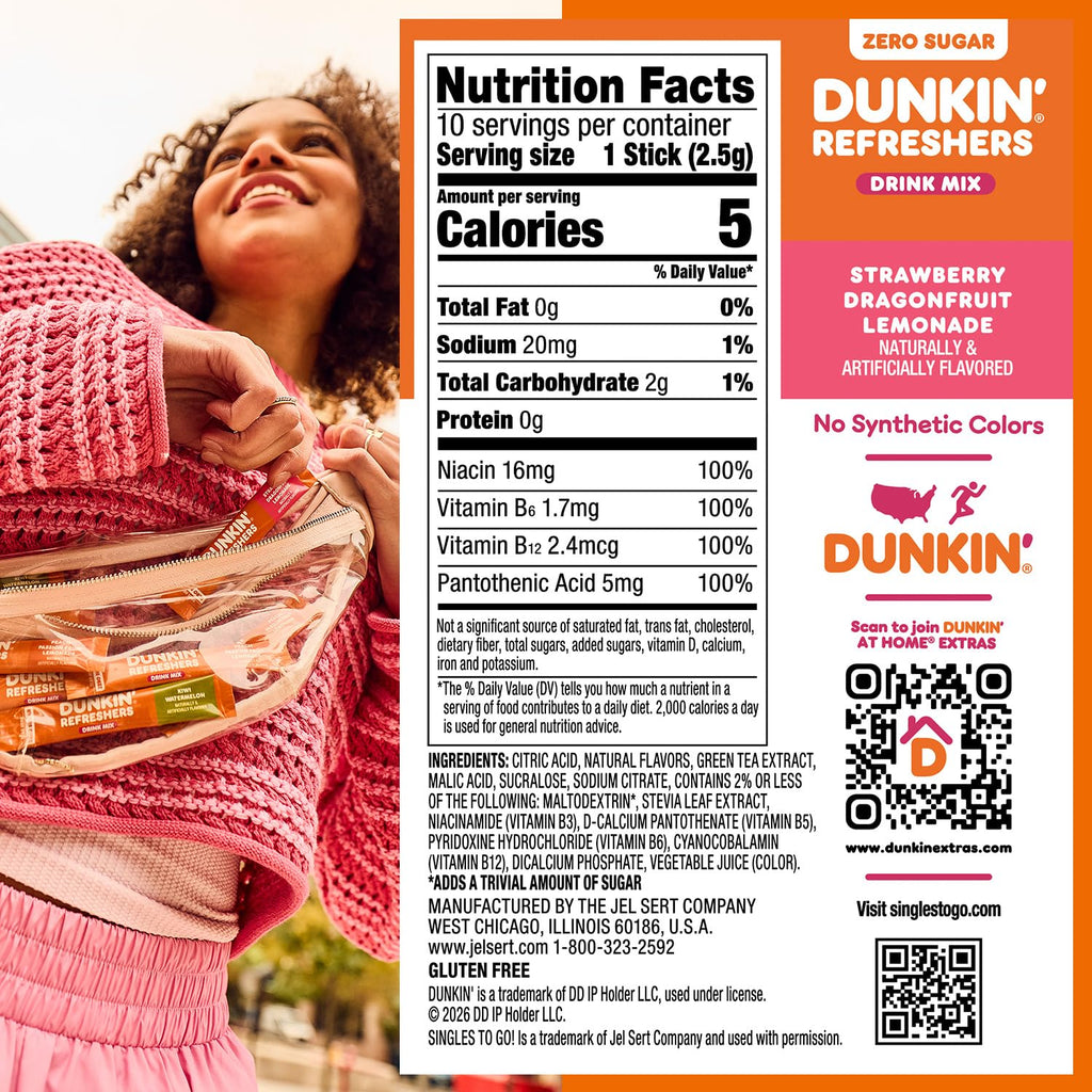 Singles To Go! Dunkin' Refreshers Green Tea Drink Mix Packets, 40 Count | Sugar Free, Loaded Tea Packets with Caffeine Energy from Green Tea, Aspartame-free, Just add water, Energy Drink Alternative