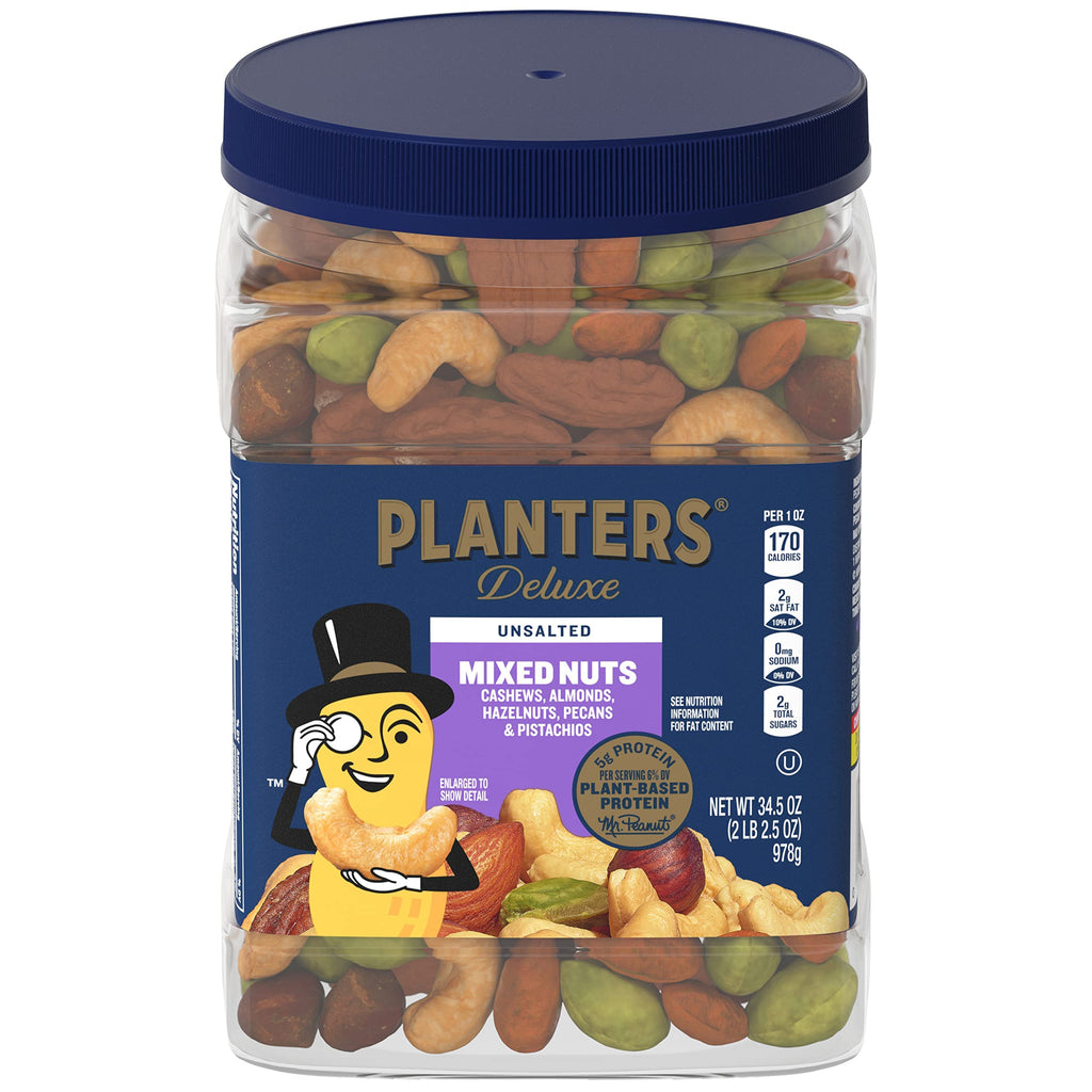 PLANTERS Mixed Nuts, Salted, 27 oz, Resealable Jar - Salted Nuts with Less than 50% Peanuts (*Nuts are Measured by Weight), Almonds, Cashews, Hazelnuts & Pecans - Kosher, (Pack of 2)