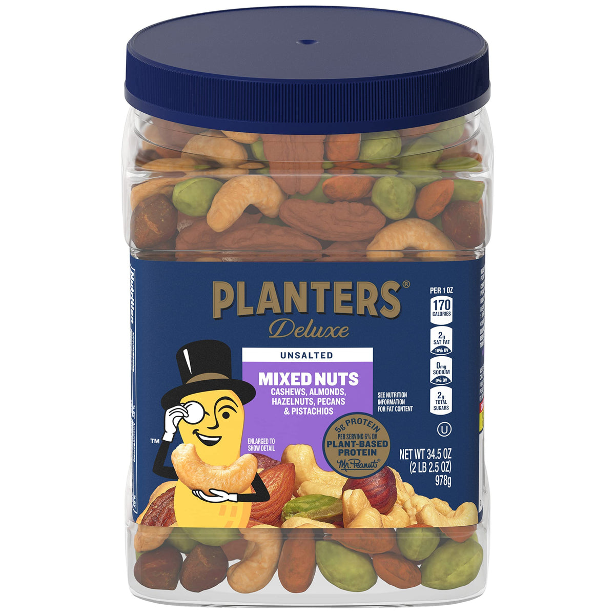 PLANTERS Mixed Nuts, Salted, 27 oz, Resealable Jar - Salted Nuts with Less than 50% Peanuts (*Nuts are Measured by Weight), Almonds, Cashews, Hazelnuts & Pecans - Kosher, (Pack of 2)
