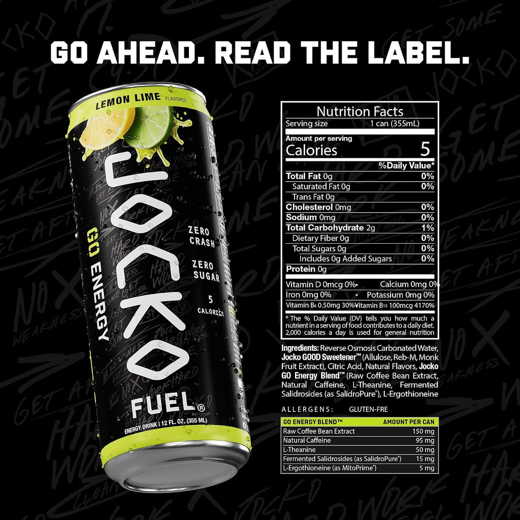 Jocko Fuel GO Energy Drinks, Lemon Lime, 12 oz | 12 Pack | 95mg Clean, No Crash Natural Caffeine | No Sugar, Jitter Free | L-Theanine & Adaptogens Lift Mood, Focus & Endurance