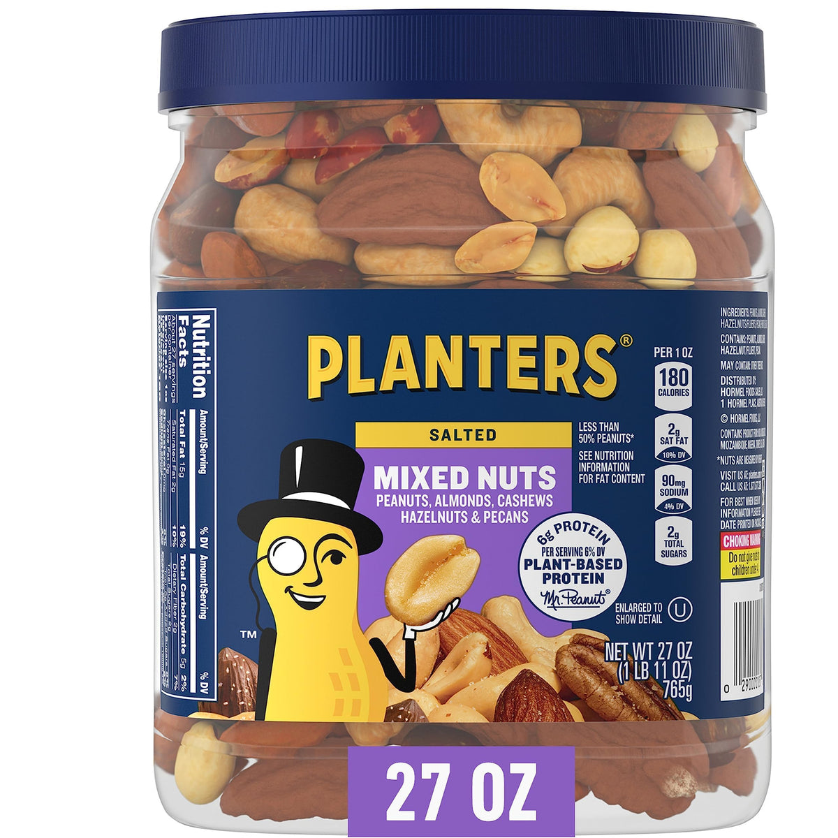PLANTERS Mixed Nuts, Salted, 27 oz, Resealable Jar - Salted Nuts with Less than 50% Peanuts (*Nuts are Measured by Weight), Almonds, Cashews, Hazelnuts & Pecans - Kosher, (Pack of 2)