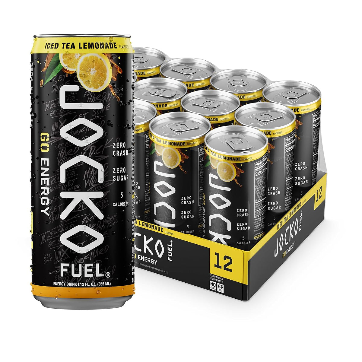 Jocko Fuel GO Energy Drinks, Lemon Lime, 12 oz | 12 Pack | 95mg Clean, No Crash Natural Caffeine | No Sugar, Jitter Free | L-Theanine & Adaptogens Lift Mood, Focus & Endurance