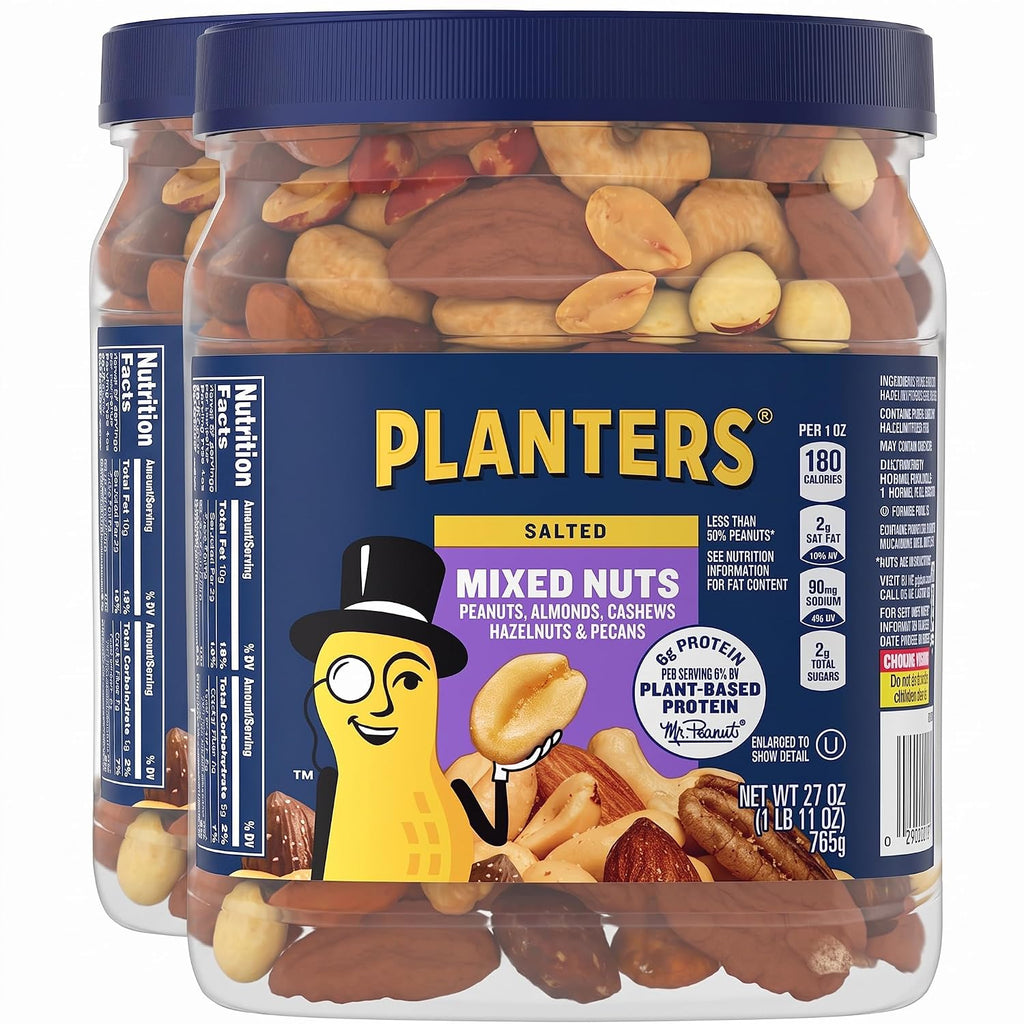 PLANTERS Mixed Nuts, Salted, 27 oz, Resealable Jar - Salted Nuts with Less than 50% Peanuts (*Nuts are Measured by Weight), Almonds, Cashews, Hazelnuts & Pecans - Kosher, (Pack of 2)