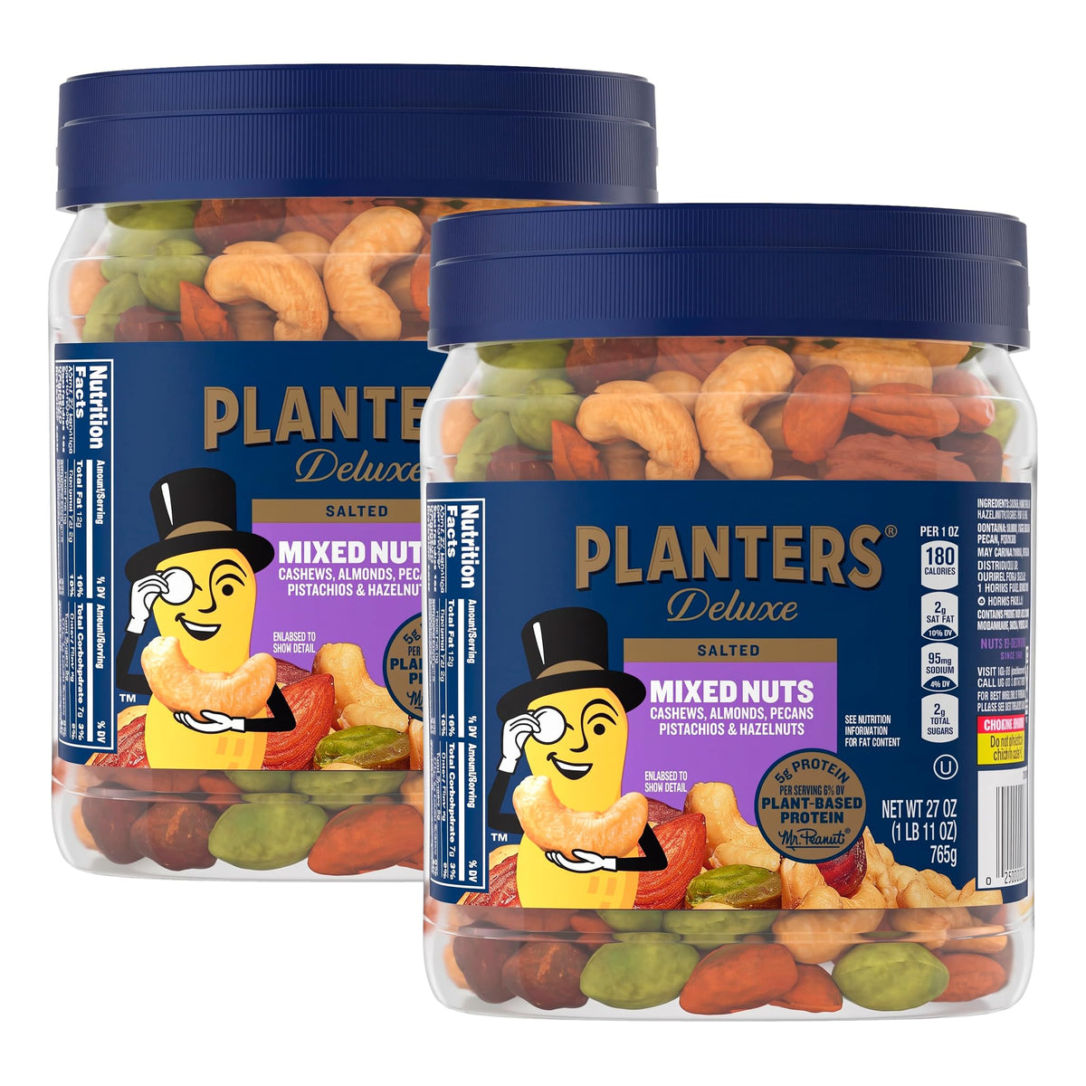 PLANTERS Mixed Nuts, Salted, 27 oz, Resealable Jar - Salted Nuts with Less than 50% Peanuts (*Nuts are Measured by Weight), Almonds, Cashews, Hazelnuts & Pecans - Kosher, (Pack of 2)