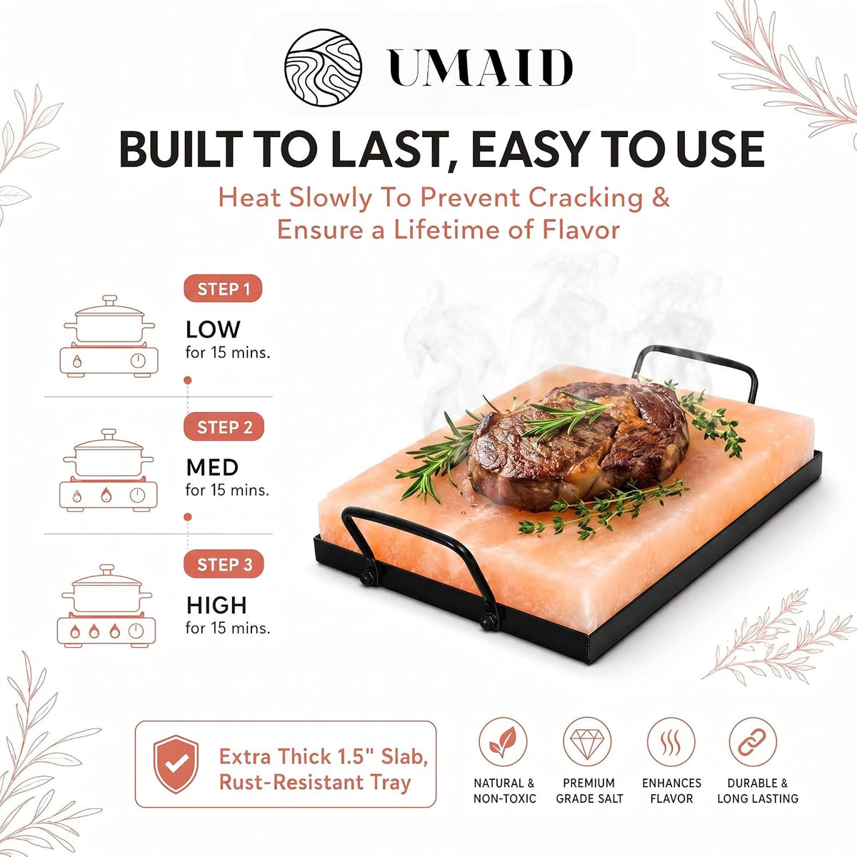 UMAID Himalayan Salt Block Cooking Plate 12x8x1.5 – Food Grade Pink Himalayan Salt Stone for Cooking, Grilling, Serving & Cutting – Includes Steel Tray & Grilling Recipe Booklet – Unique Gifts for Men & Women