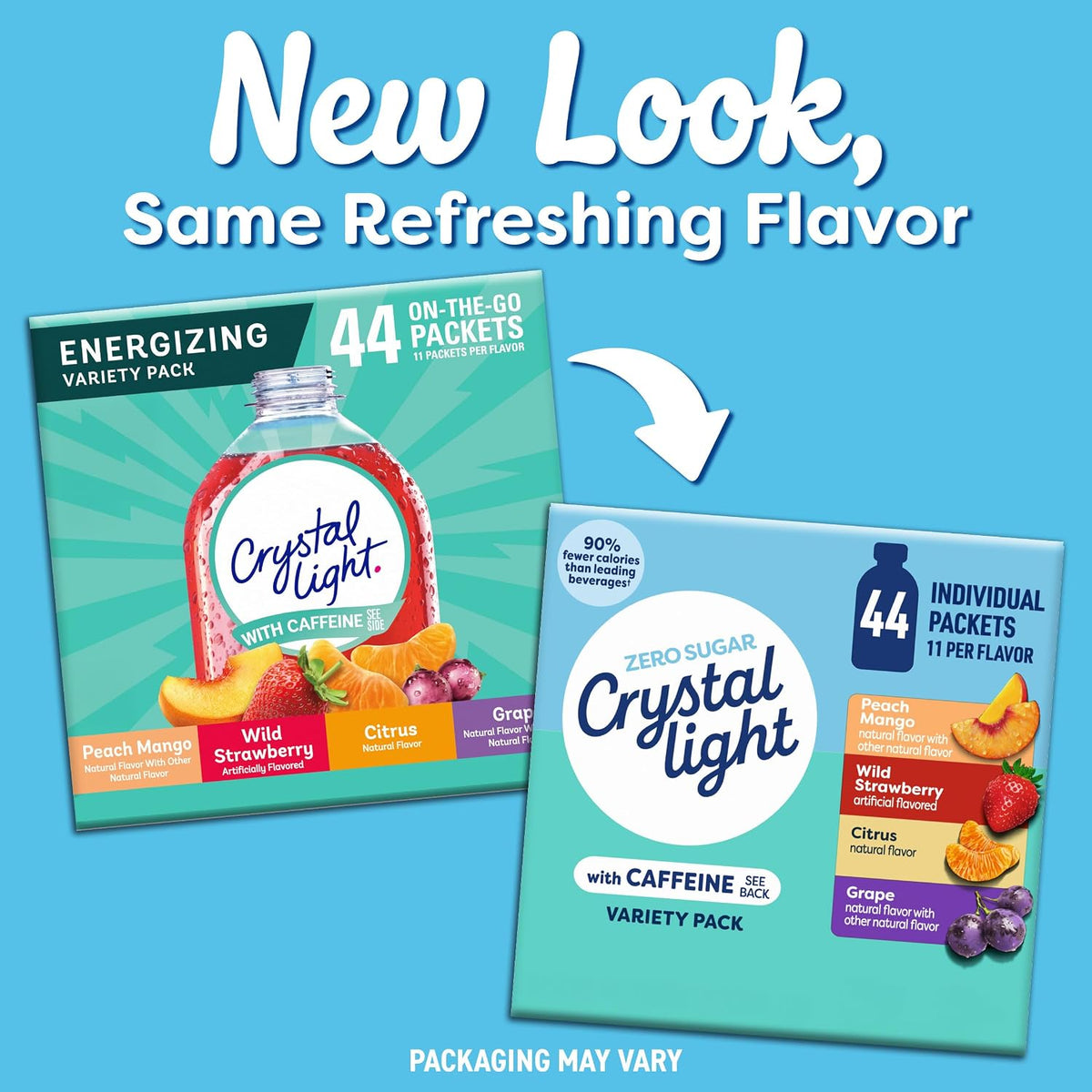 Crystal Light Caffeine Drink Mix Variety Pack, 44 Packets, 4.18 oz | for On-the-Go Hydration Zero Sugar 60mg Caffeine per serving