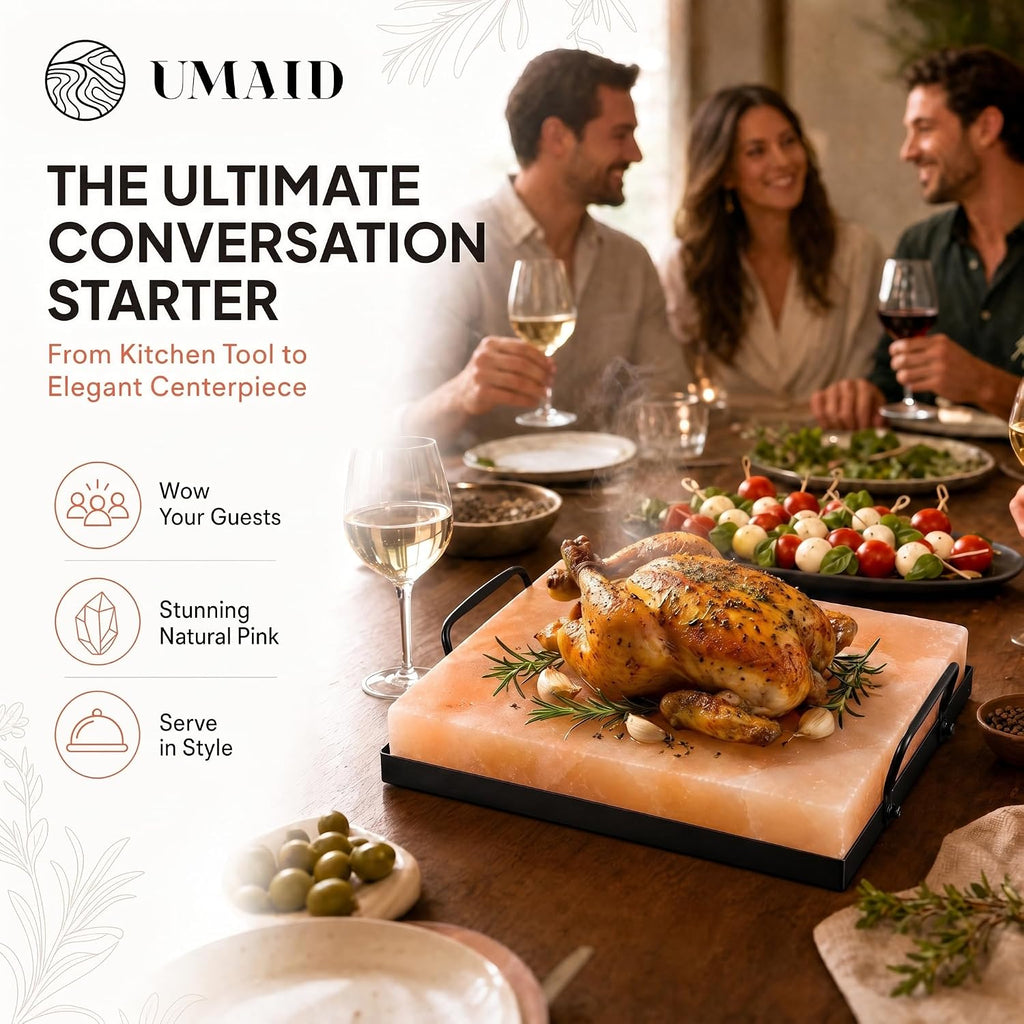 UMAID Himalayan Salt Block Cooking Plate 12x8x1.5 – Food Grade Pink Himalayan Salt Stone for Cooking, Grilling, Serving & Cutting – Includes Steel Tray & Grilling Recipe Booklet – Unique Gifts for Men & Women