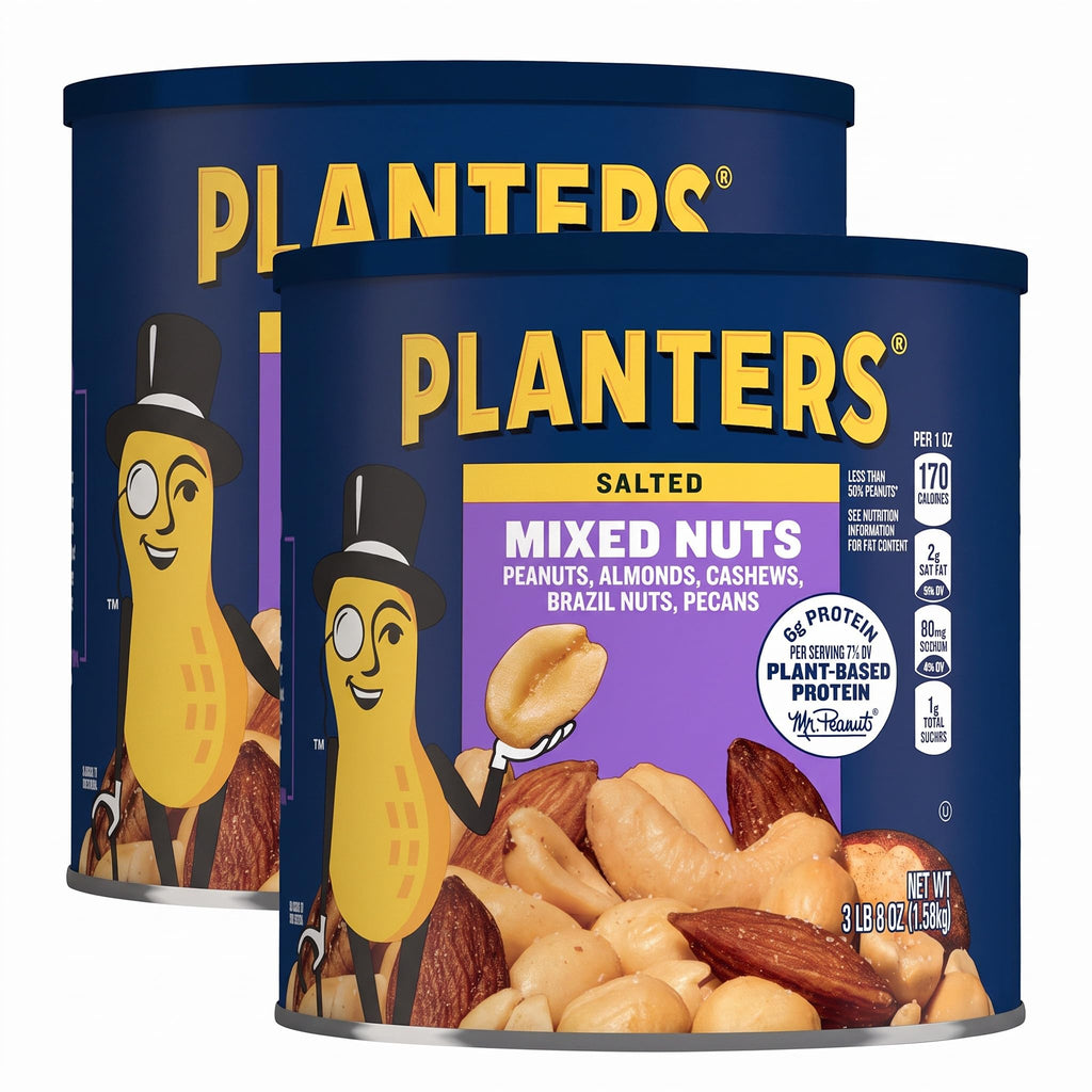 PLANTERS Mixed Nuts, Salted, 27 oz, Resealable Jar - Salted Nuts with Less than 50% Peanuts (*Nuts are Measured by Weight), Almonds, Cashews, Hazelnuts & Pecans - Kosher, (Pack of 2)