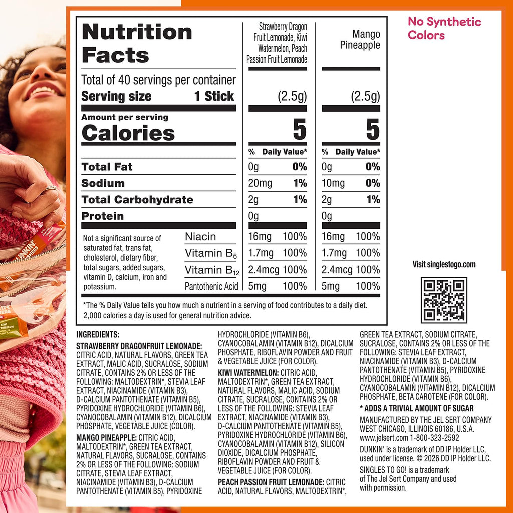Singles To Go! Dunkin' Refreshers Green Tea Drink Mix Packets, 40 Count | Sugar Free, Loaded Tea Packets with Caffeine Energy from Green Tea, Aspartame-free, Just add water, Energy Drink Alternative
