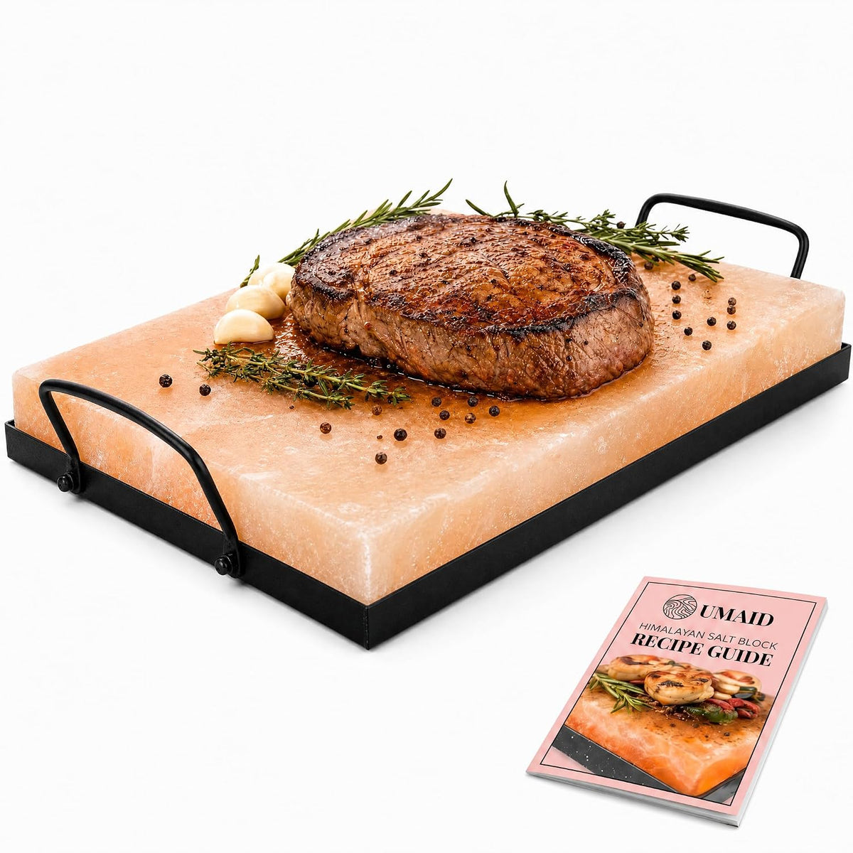 UMAID Himalayan Salt Block Cooking Plate 12x8x1.5 – Food Grade Pink Himalayan Salt Stone for Cooking, Grilling, Serving & Cutting – Includes Steel Tray & Grilling Recipe Booklet – Unique Gifts for Men & Women