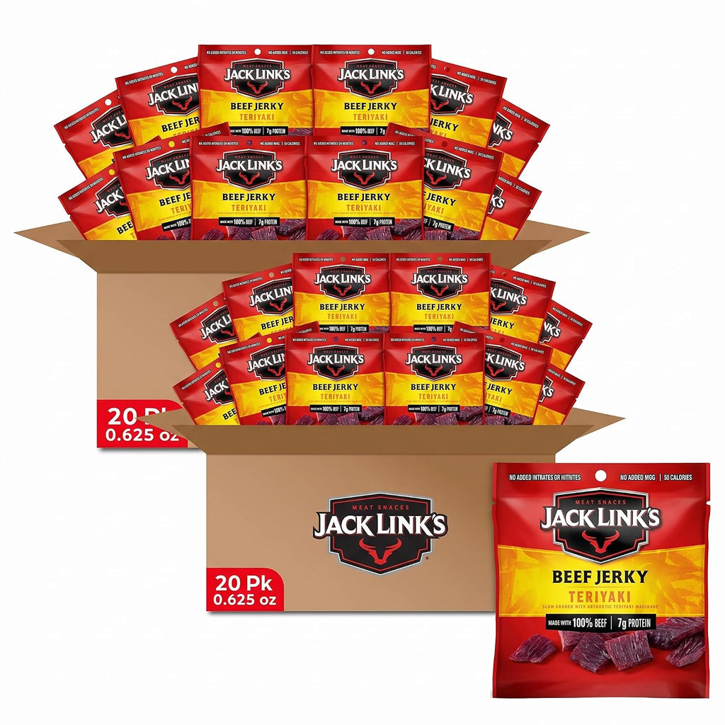 Jack Link's Beef Jerky,Teriyaki,Multipack Bags - Flavorful Meat Snacks for Lunches,Ready to Eat Protein Snacks,Individual Packs - 7g of Protein,Made with 100% Beef - 0.625 oz,(Pack of 40)
