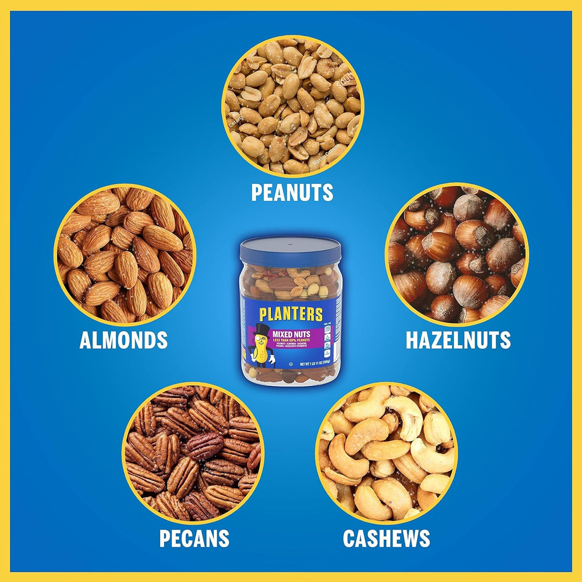 PLANTERS Mixed Nuts, Salted, 27 oz, Resealable Jar - Salted Nuts with Less than 50% Peanuts (*Nuts are Measured by Weight), Almonds, Cashews, Hazelnuts & Pecans - Kosher, (Pack of 2)